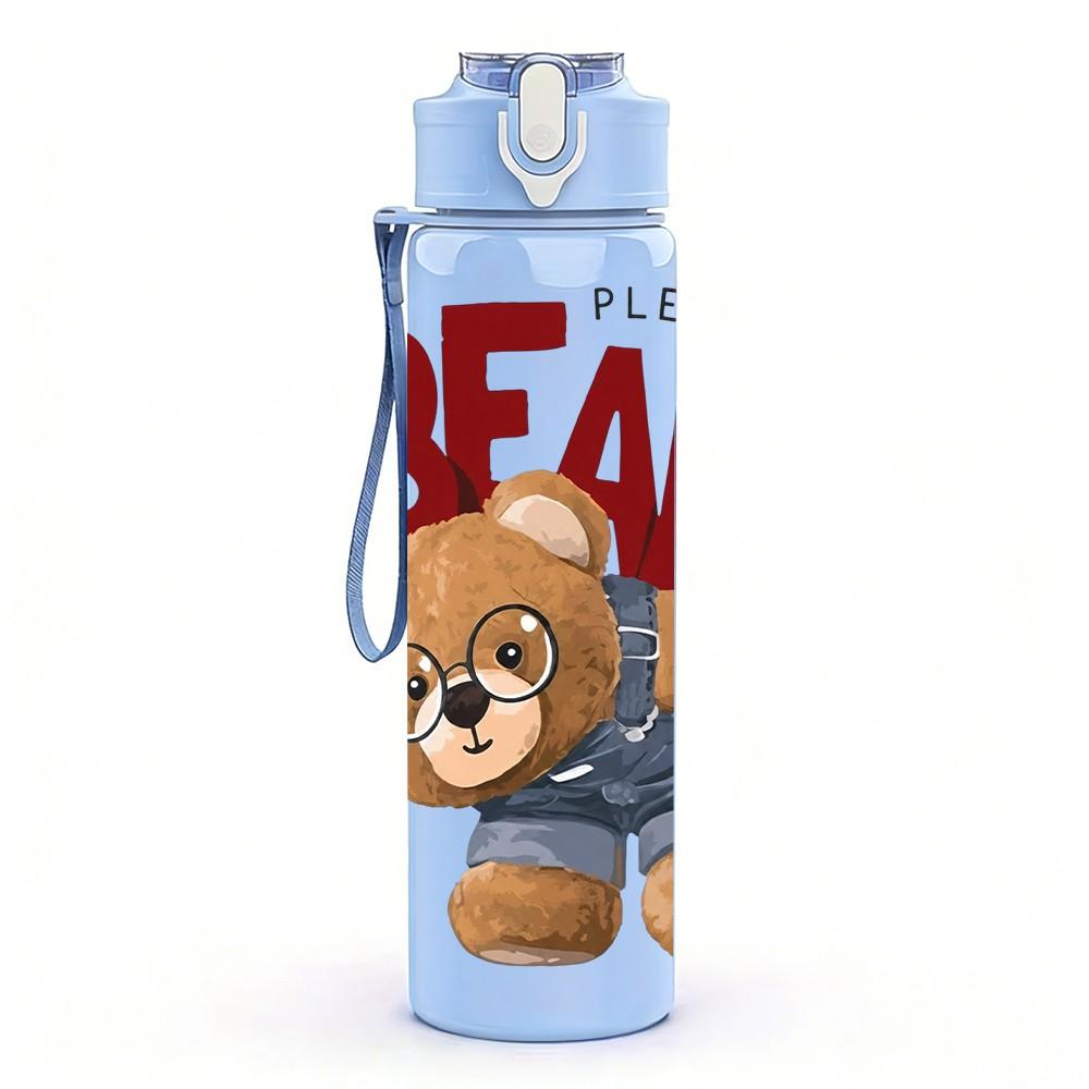 1PC Classic Bear Letter Art 750ml Color Plastic Sports Water Bottle Leakproof Flip Straw Lid Suitable for Sports Office Home Use
