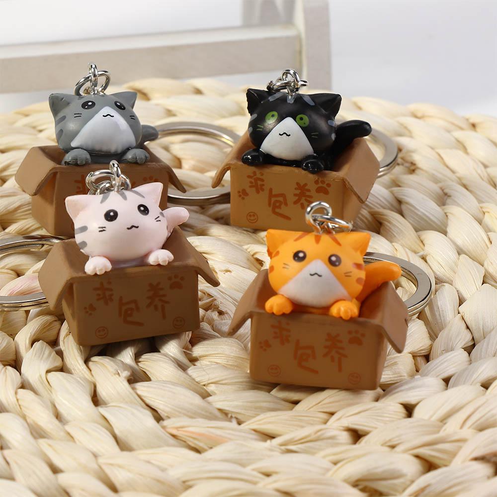 Cute Cartoon Ornaments Box Personality Little Cat Key Ring For Men Women Bag Charm Pendant Keychain