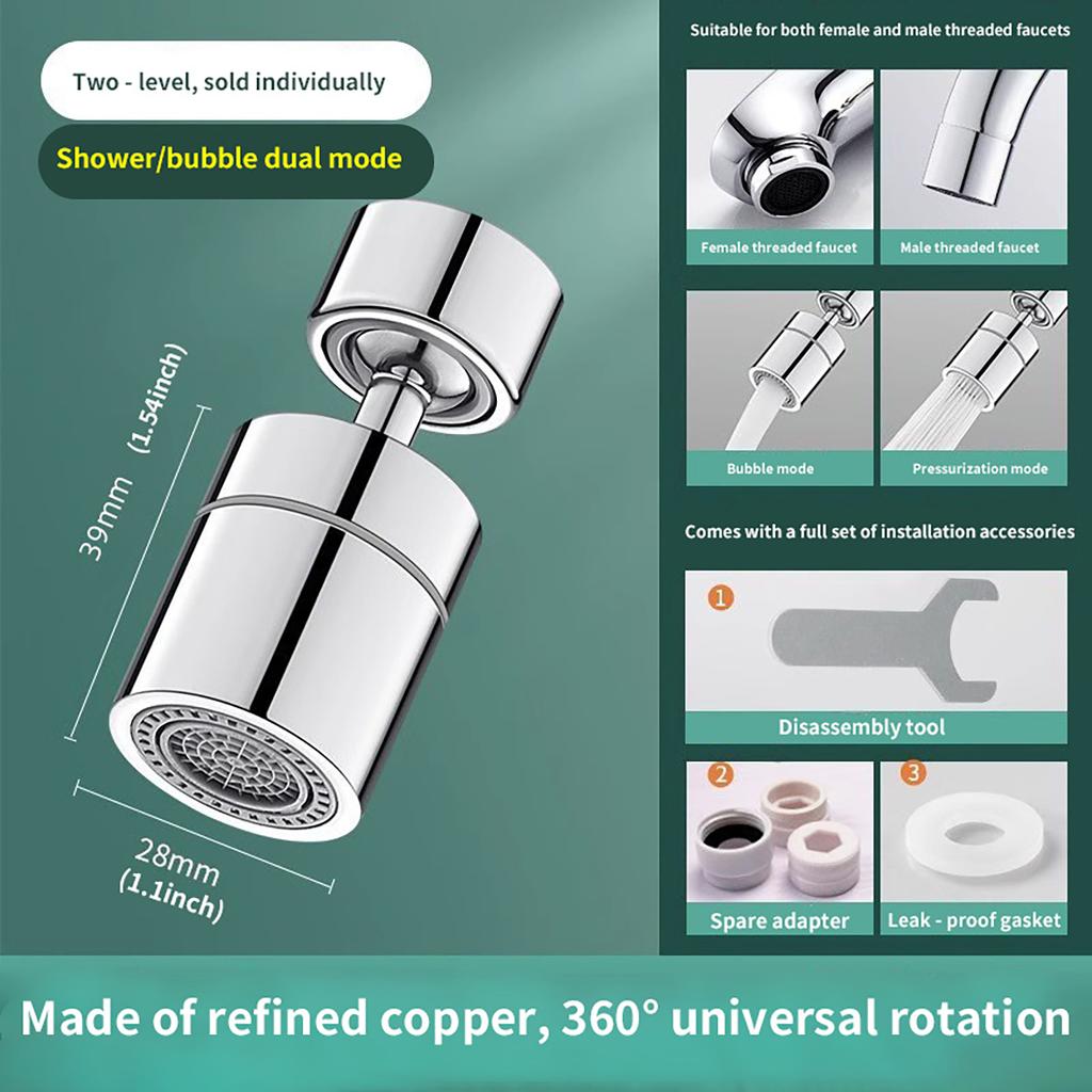 Copper Faucet Splash Guard - 360° Adjustable Angle, Universal Thread Adapter with Silicone Gasket, Anti-Leak