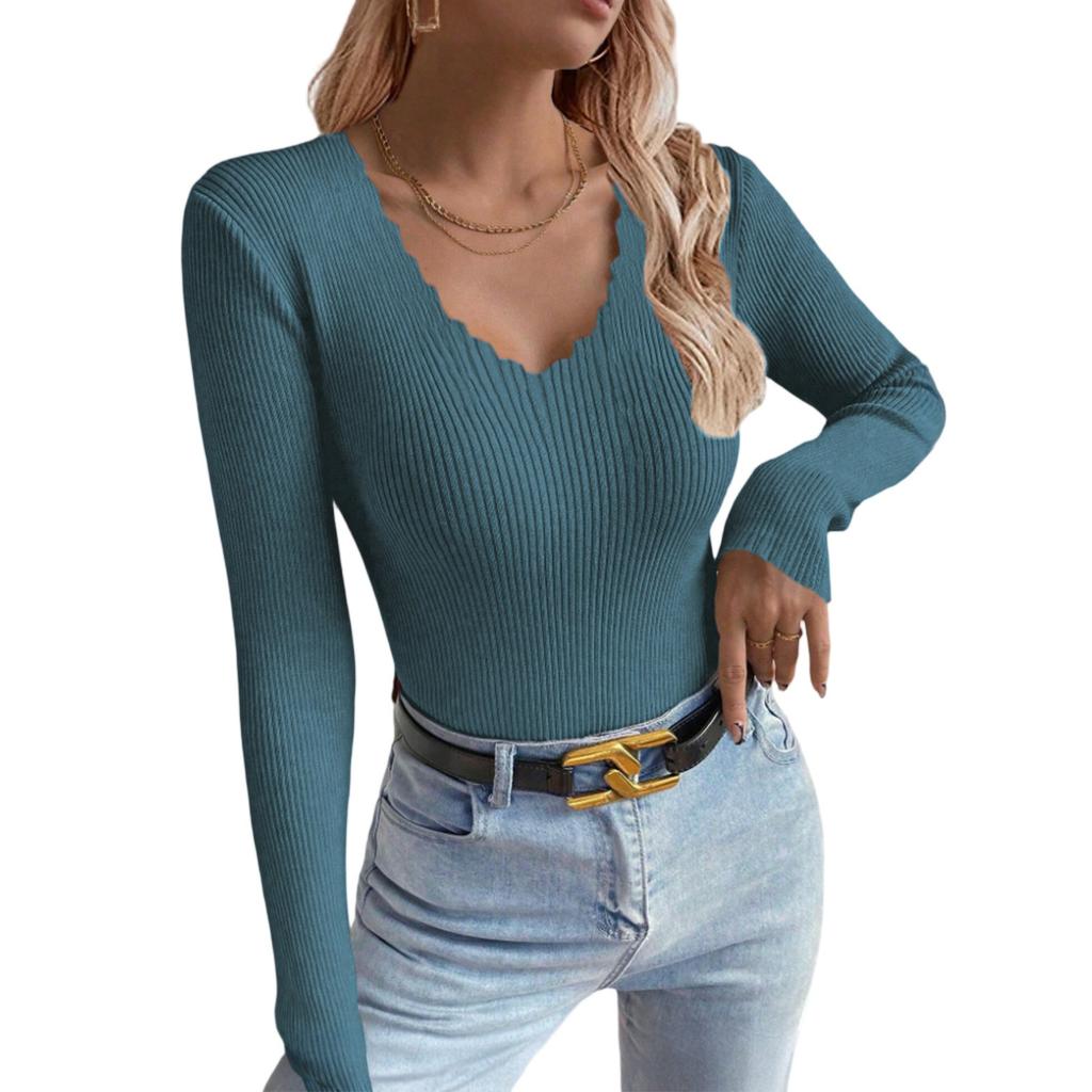 Women's V-neck Solid Color Long-sleeved Pullover Knitted Sweater Bottoming