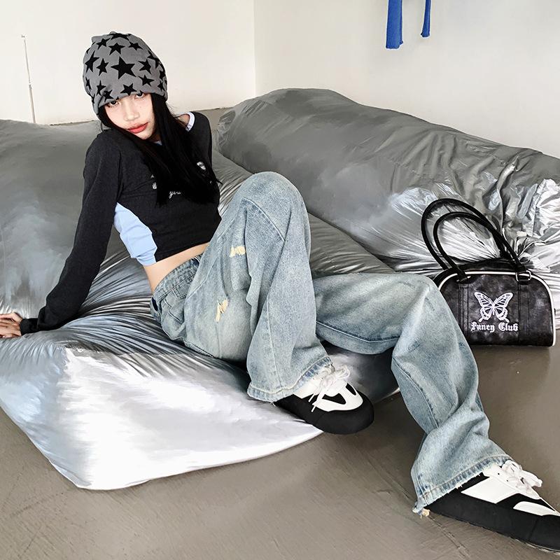 Драпированные брюки широкого кроя для женщин Весенние Крутые Острые Джинсы для девушек С высокой талией Прямые Широкие джинсы для женщин Брюки в пол для женщин Весна и Лето