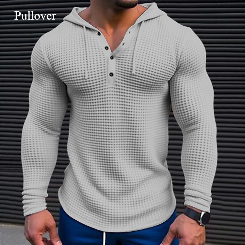 Новая мужская футболка с длинными рукавами и вафельными пуговицами, толстовка с капюшоном, праздничный повседневный модный дизайн, зимний однотонный свободный топ