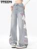 Women Jeans Heart Embroidery Streetwear High Waist Wide Leg Long Pants Vintage Casual Baggy Straight Denim Trouser