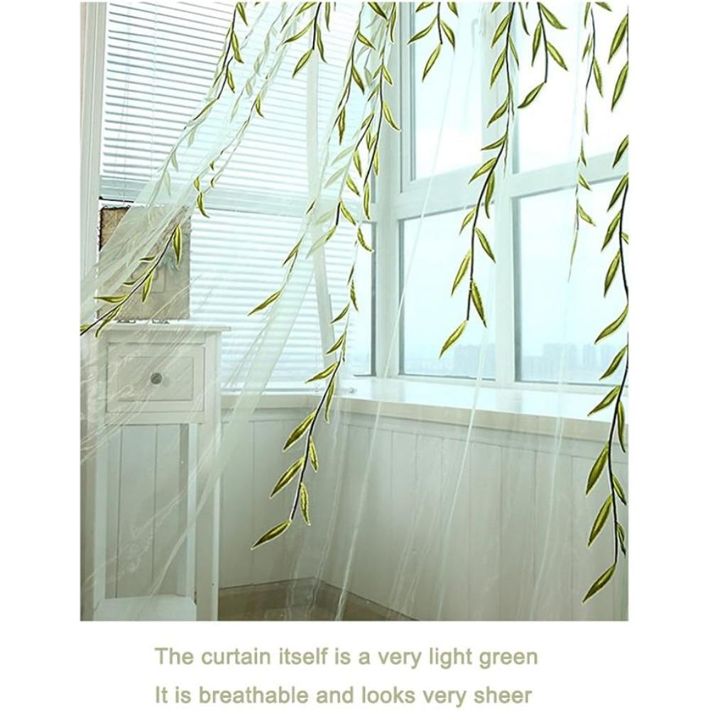 2 Pieces Voile Tulle Willow Leaf Window Curtain Room Salix Leaf Sheer Vine Drapes Curtain Willow Leaf Curtain for Living Room Bedroom Balcony