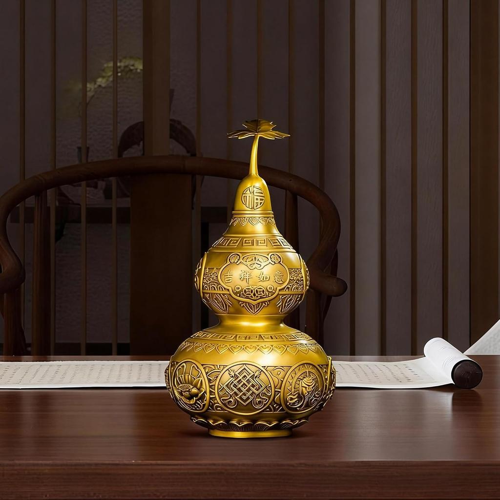 Brass Eight Treasures Gourd Feng Shui Statue – Chinese Wealth & Good Luck Figurine for Entryway, Home Office Desk or Shelf Decor, Gift for Boss,