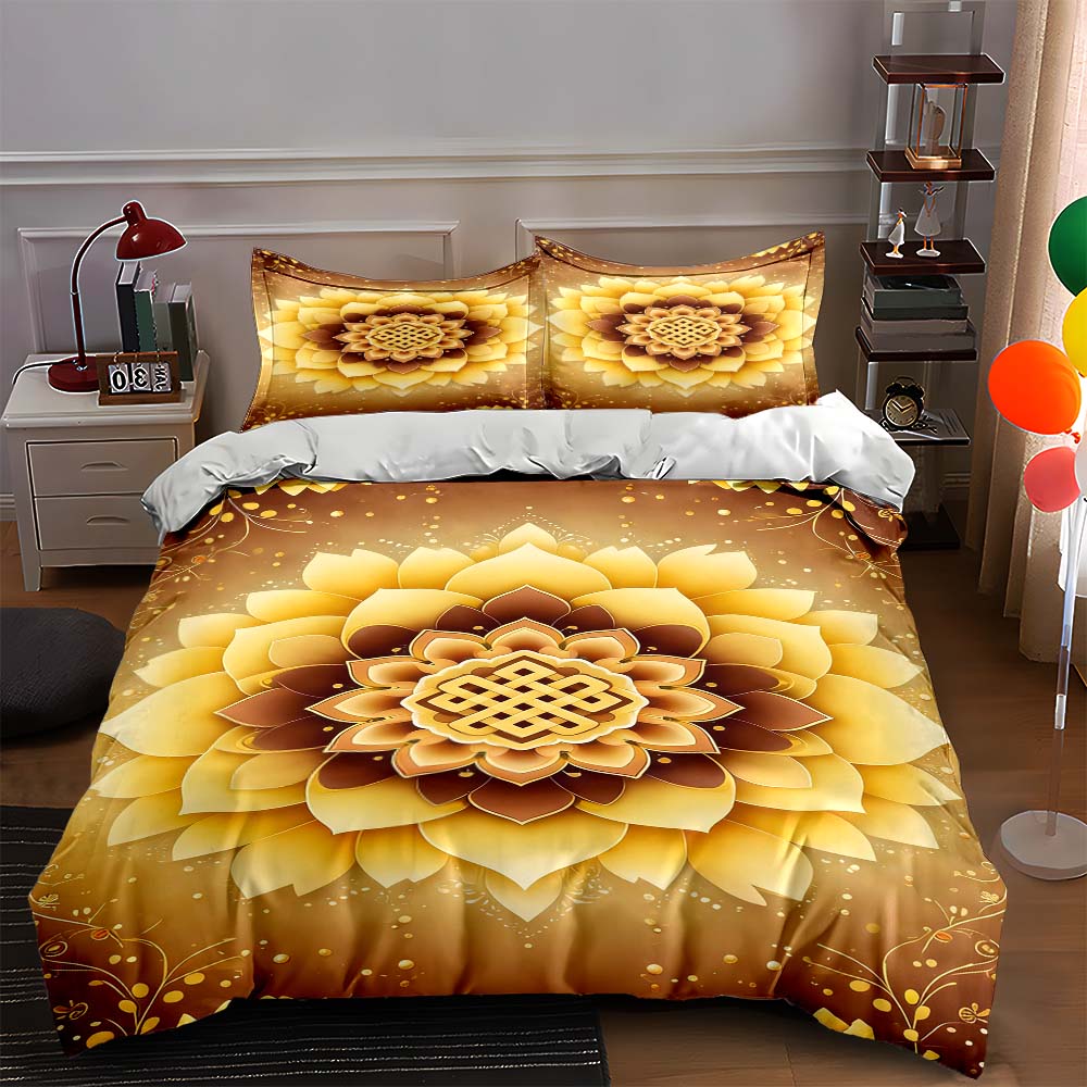 Golden floral mandala. Bedding Duvet cover sets Duvet covers Pillowcases gifts (1 * Duvet Cover 2 * Pillowcases, without duvet insert)