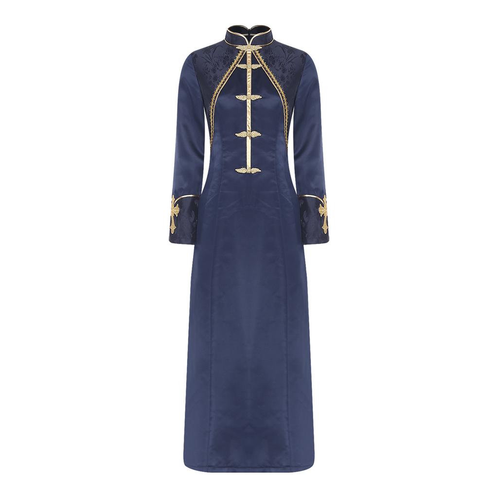Womens Clergy Long Robe Dress Gold Cross Embroidery Lace Button Decor Stand Collar Long Sleeve Cassock