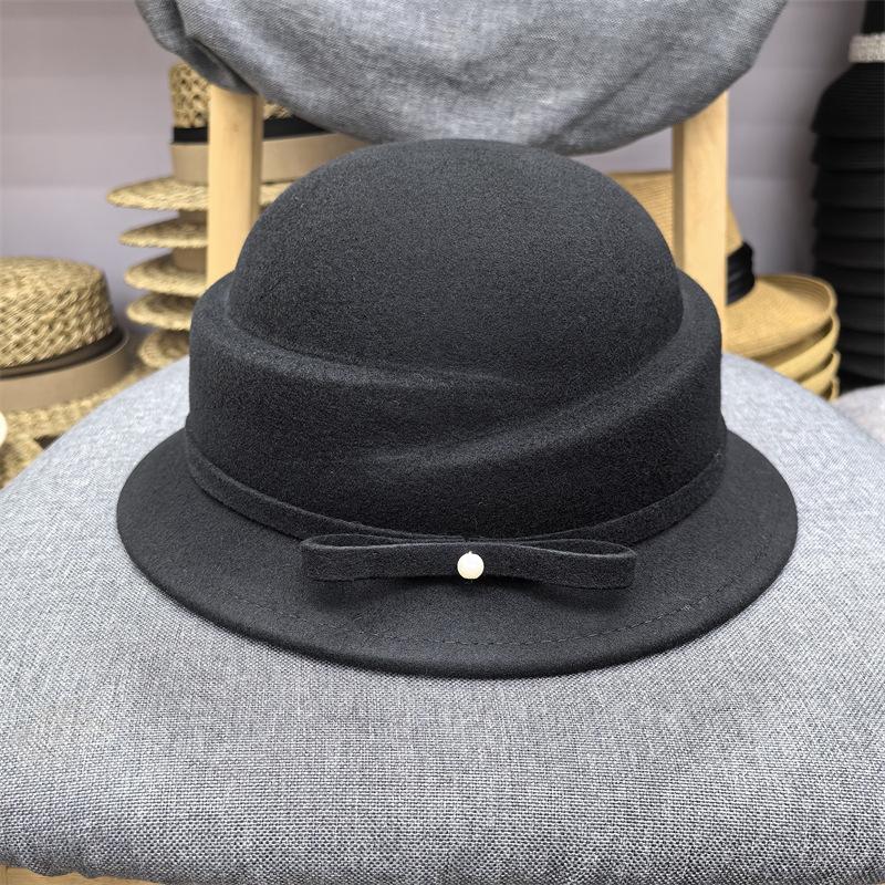 French fragrant Hepburn style wool hat bow curled top hat women's autumn and winter square face basin hat winter British top hat