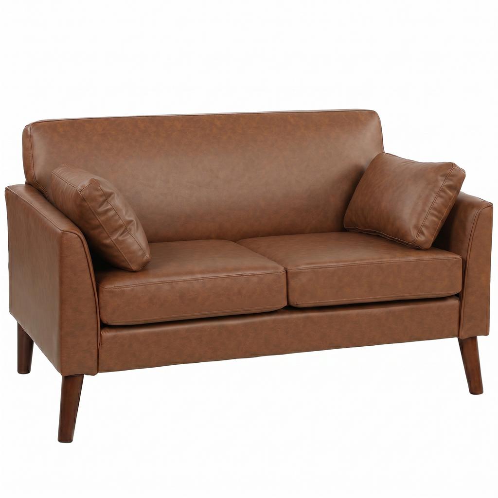 2 Seater Sofa, 132 cm Modern Small Sofa with Solid Wood Legs and 2 Pillows for Small Space, Brown