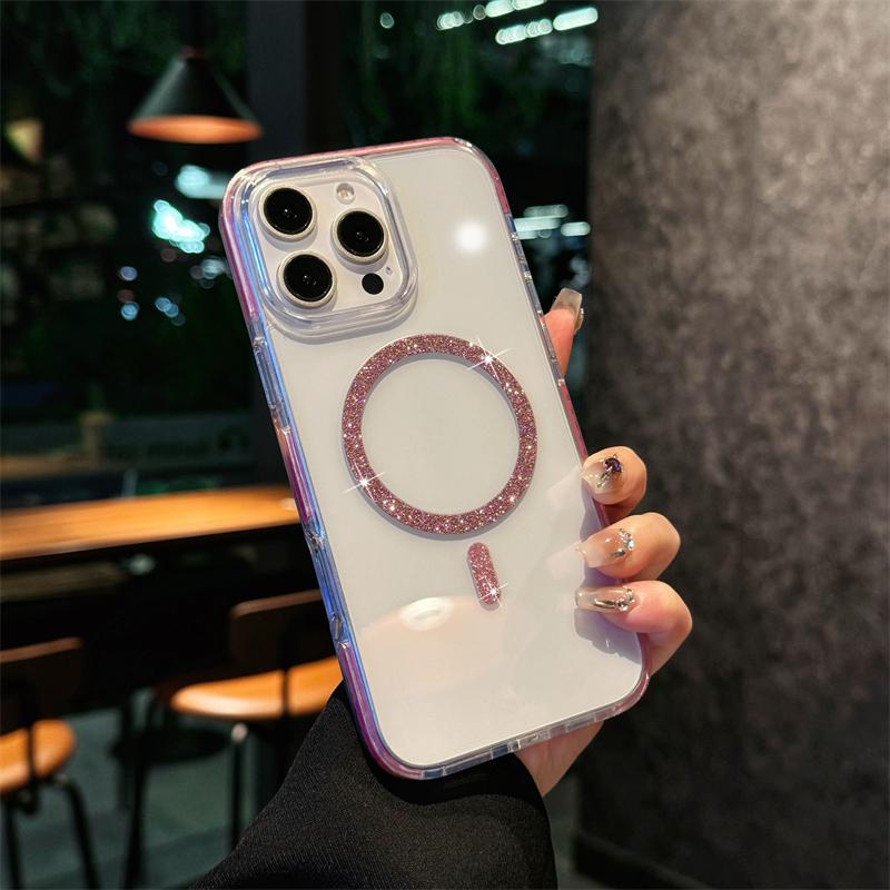 Роскошный блестящий чехол Magsafe для беспроводной зарядки для iPhone 16 15 14 13 12 Pro Max Plus Магнитное покрытие Прозрачная жесткая задняя крышка