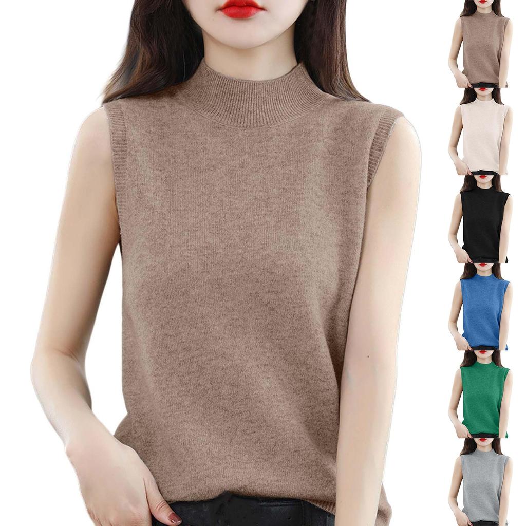 Women's Fashion Vest Base Sleeveless Solid Color Loose Knit Semi-turtleneck Top