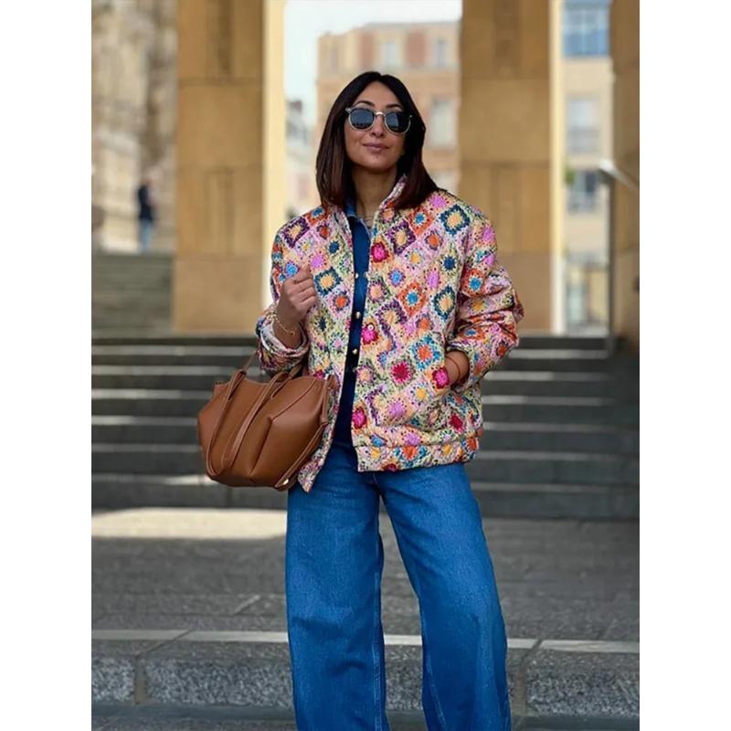 Шикарная многоцветная куртка с принтом для женщин, элегантное стеганое пальто с воротником-стойкой и длинными рукавами