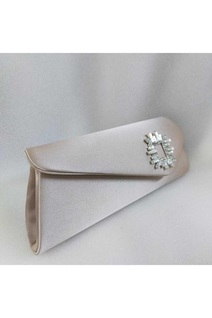Women's Stylish and Useful Evening Dress Bag Shiny Beige Satin Stone Evening Dress Bag