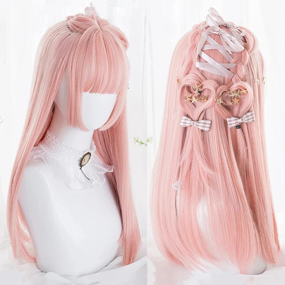 OLACARE синтетический длинный прямой парик Лолита с челкой парик для девочек милый омбре голубой блонд черный парик для косплея вечеринки Хэллоуина Харадзюку