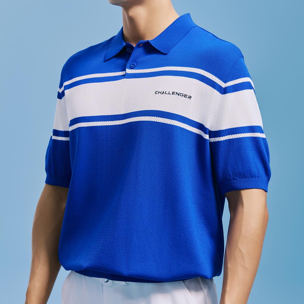CHALLENGER Men'S Color Block Striped Collared Knit Pullover Blue