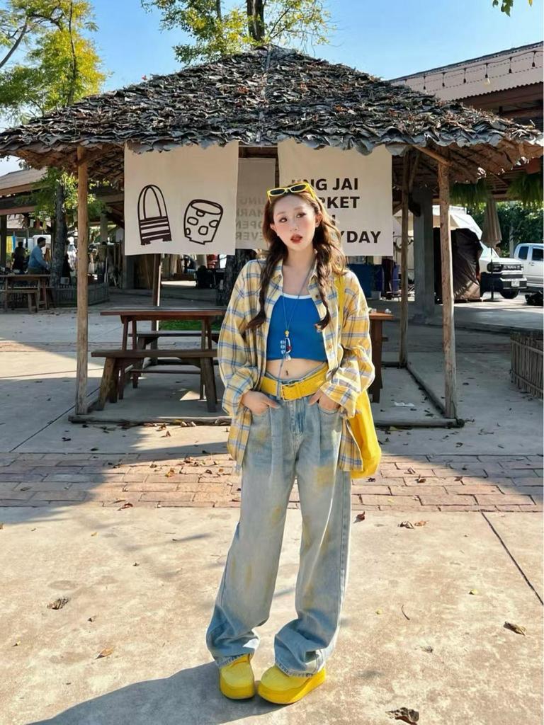 Женская американская ретро желтая клетчатая рубашка с длинным рукавом и защитой от солнца - осенняя тонкая блузка свободного кроя