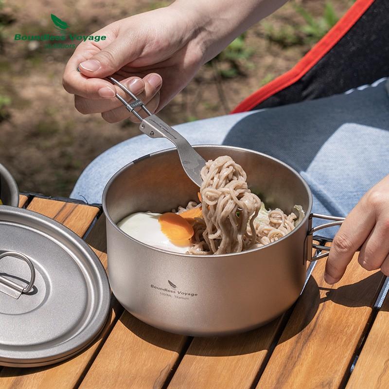 Ultra-Light Pure Titanium Camping Pot 1L Single-Layer Rice Cooker With Foldable Handle 1-2 Person Outdoor Use