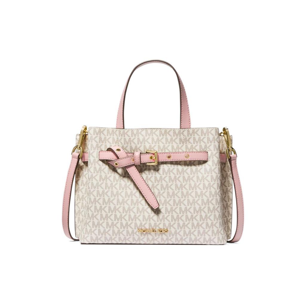 Michael Kors MK Emilia Монограмма Color Block Логотип Молния Квадратный Полиэстер Плечо Кроссбоди Сумка-тоут Маленькие Женские Сумки Розовый Белый 35H0GU5S1B-7183