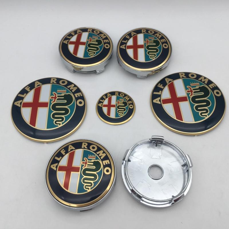 7pcs for AlfaRomeo 74mm 60mm Car Front Hood Emblem Bonnet Wheel Center Cap Steering Sticker Rear Trunk Badge Decal Styling