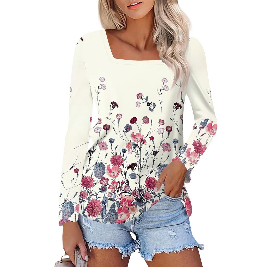 Рубашка для женщин, модная повседневная свободная футболка с квадратным вырезом и длинным рукавом с принтом, женский топ