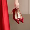 Fashion Wedding Shoes Bride Red Heels Pumps Stilito Middle Heel Elegant Woman Heeled Dress Pointed Toe Pearl Butterfly-knot Sweet Loafer