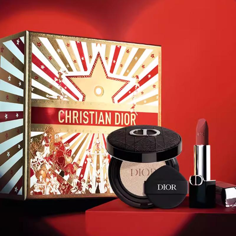 Dior Набор помад из трех штук: сине-золотая помада #999 бархатная + вышитая внешняя коробка + мягкий и сияющий #1N кушон-аппликатор
