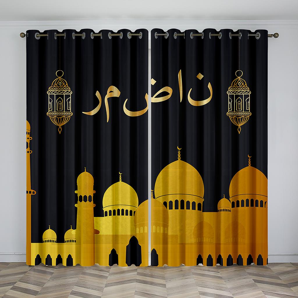 2PC  Home Decoration Curtains, Red Gold Ramadan Festival With Pole Pocket Curtains, Suitable For Living Room, Study Farm