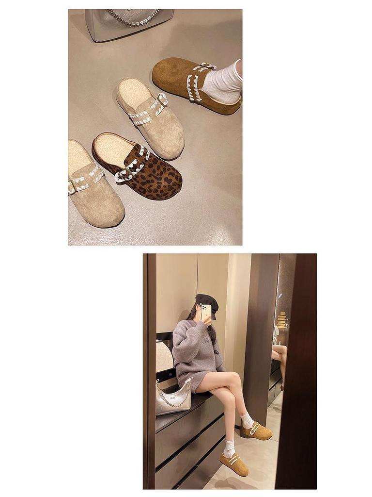 Женские ретро-тапочки Birkenstock с толстой подошвой, флисовой подкладкой и меховым круглым носком для осени/зимы.