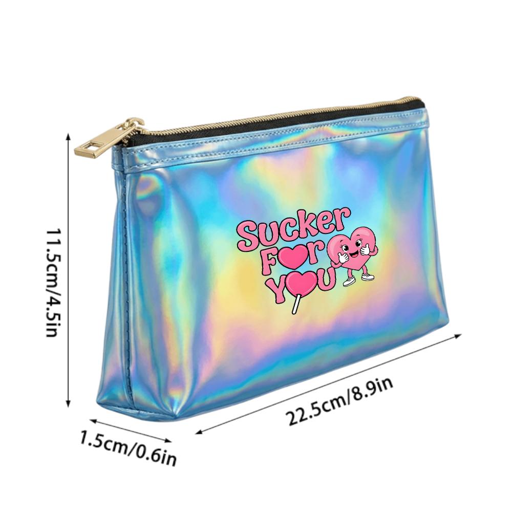 Cute Pink Love Heart and Lollipop Print Laser Cosmetic Makeup Bag, Portable Holographic Toiletry Organizer for Travel Girl Holiday Gift