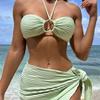 Женский сексуальный раздельный купальник, 3 шт./компл., однотонный плиссированный бюстгальтер с лямкой на шее, высокая талия, купальник на шнуровке, комплект бикини