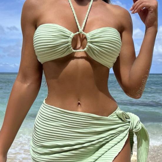 Женский сексуальный раздельный купальник, 3 шт./компл., однотонный плиссированный бюстгальтер с лямкой на шее, высокая талия, купальник на шнуровке, комплект бикини