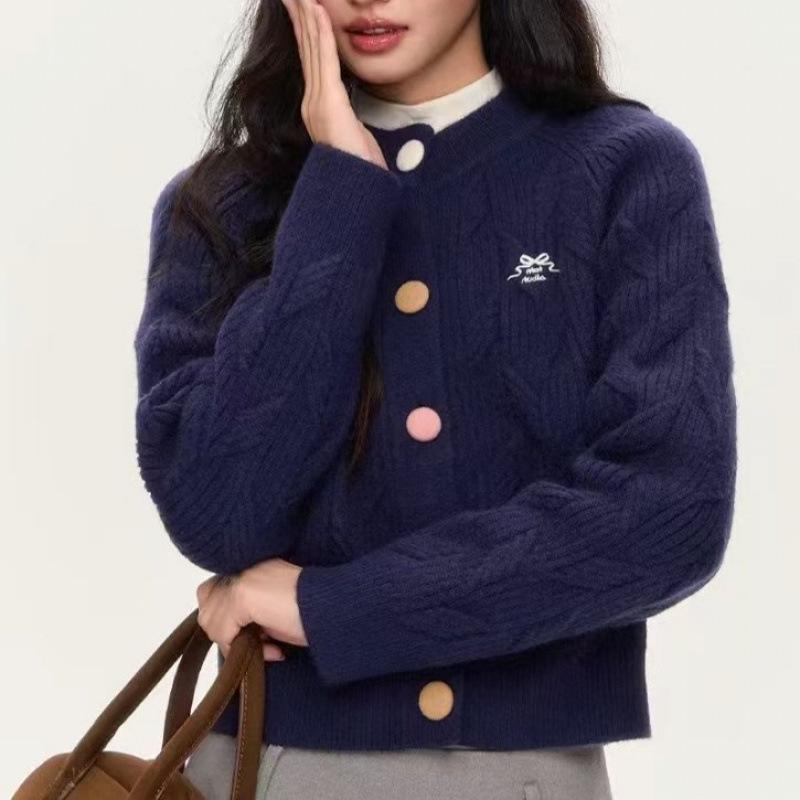 Spring-Autumn Women's Chic Knit Cardigan: Korean Style, Embroidered, Colorful Buttons