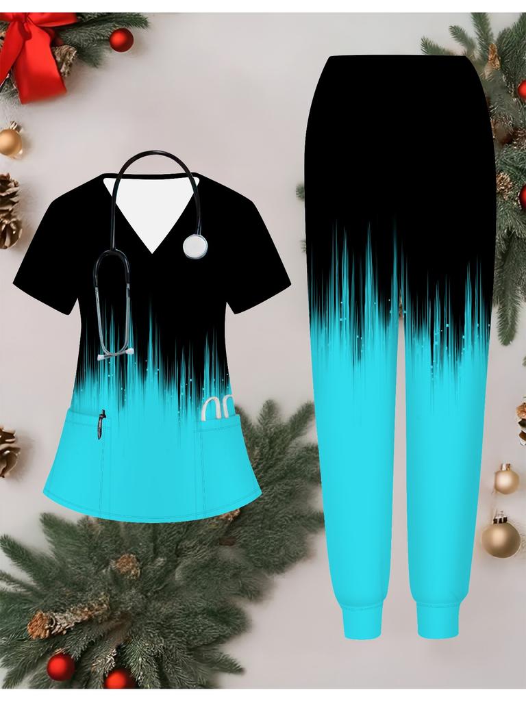 Женский комплект униформы медсестры с 3D-принтом градиентного цвета, короткий рукав, длинные брюки с карманом, повседневный, модный, рождественский подарок