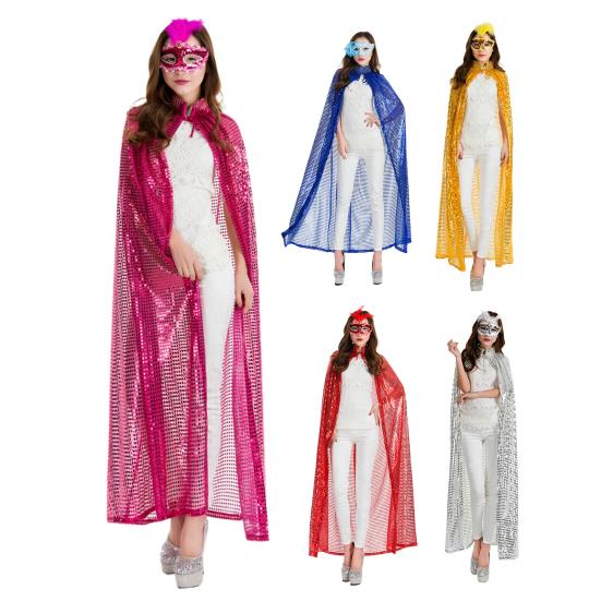 Adult Long Paillette Cape for Women Halloween Party Sequin Cloak Costume Full Length Witch Cosplay Robe for Role-Playing Stage Performances