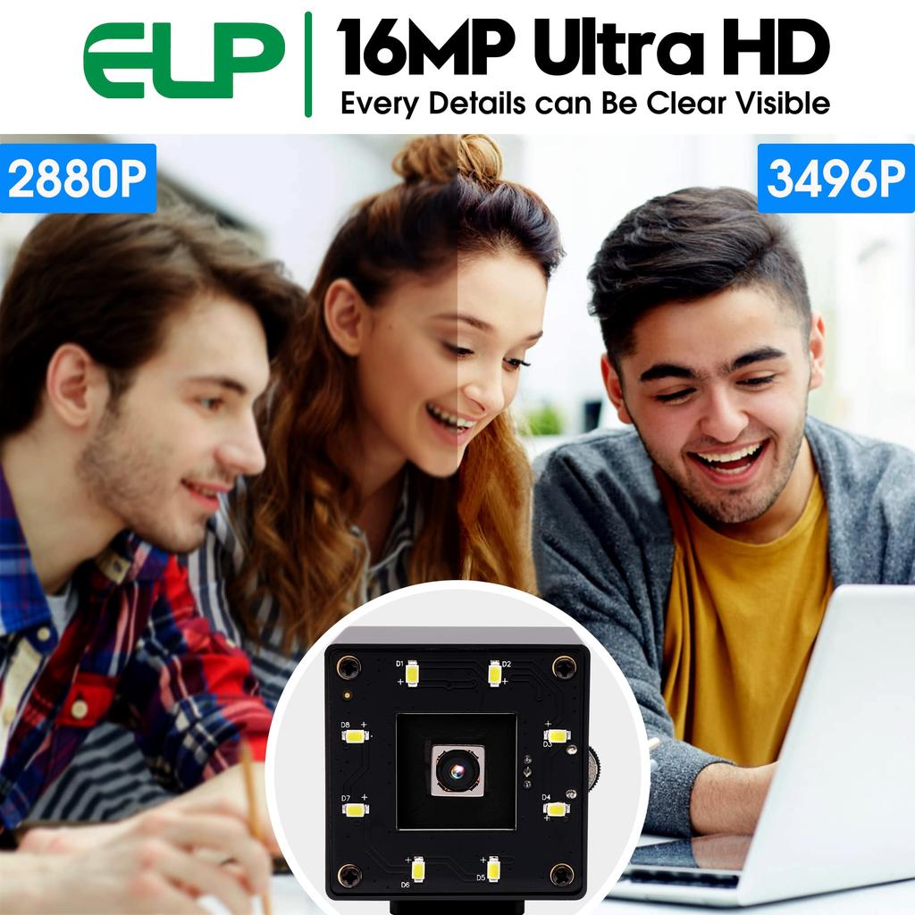 ELP 16MP Night Vision Webcam with Wide Compact 4K USB Camera for White LED UVC USB Mini Video Camera Laptop PC USB Camera for and Industrial Use
