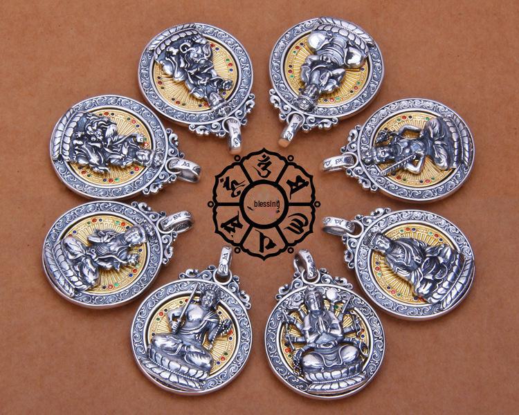 Ожерелье-амулет Будды из тайского серебра в стиле ретро с восемью богами-хранителями и мантрой из шести символов