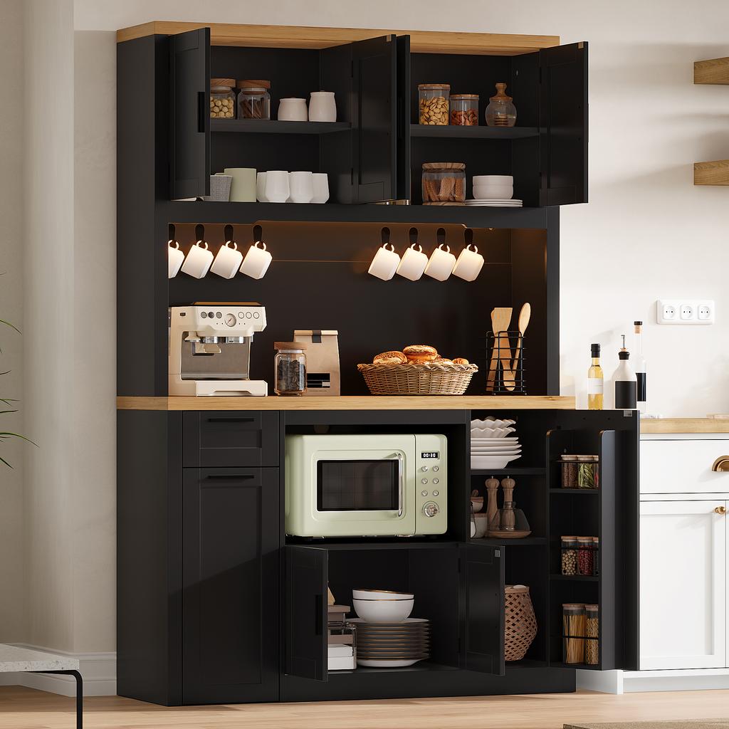 Kitchen Cabinet with LED Lighting and Sockets, 3-Tier Drawers and Adjustable Shelves, for Living Room and Dining Room, 120 × 40 × 182 cm