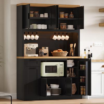 Kitchen Cabinet with LED Lighting and Sockets, 3-Tier Drawers and Adjustable Shelves, for Living Room and Dining Room, 120 × 40 × 182 Cm
