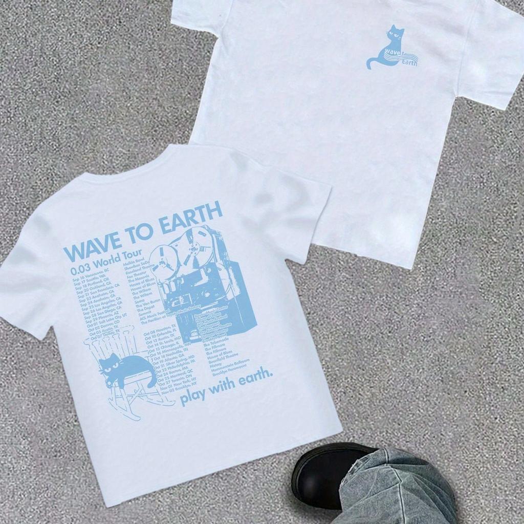 Unisexs TShirt Featuring A WaveThemed Earth Design With Cat Prints Showcasing A Minimalist Harajuku Art Style