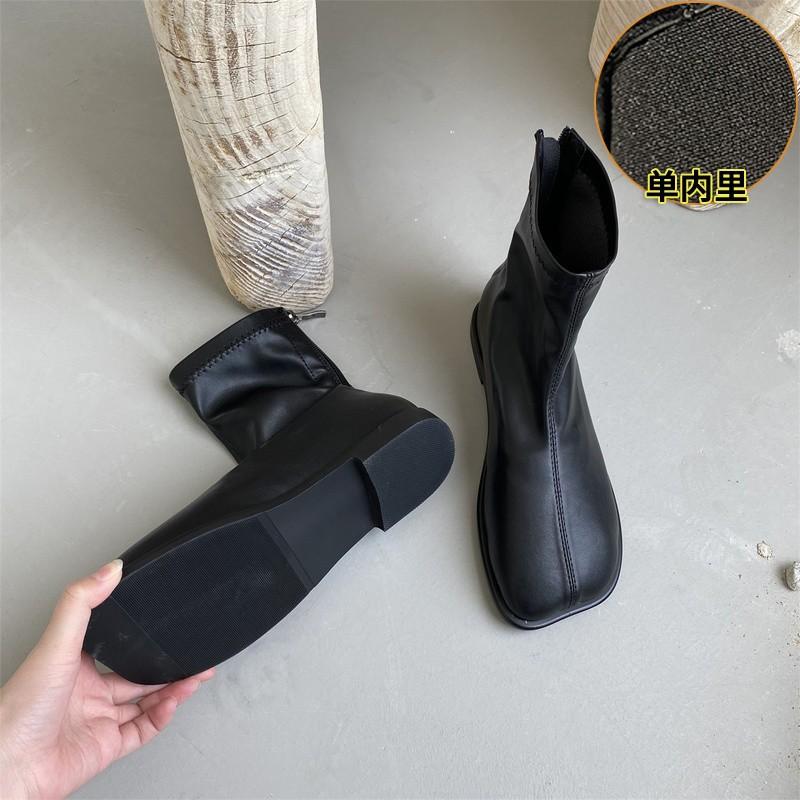Woman Spring Botas Shoes Flat Heel Zipper Boots Women Ladies Ankle Leather Rubber 2024 Soild Fabric Square Toe Zapatillas Mujer