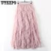 Tutu Tulle Solid Long Maxi Skirts Women Large Size Korean Cute Pink Black White High Waist Pleated Mesh Skirt