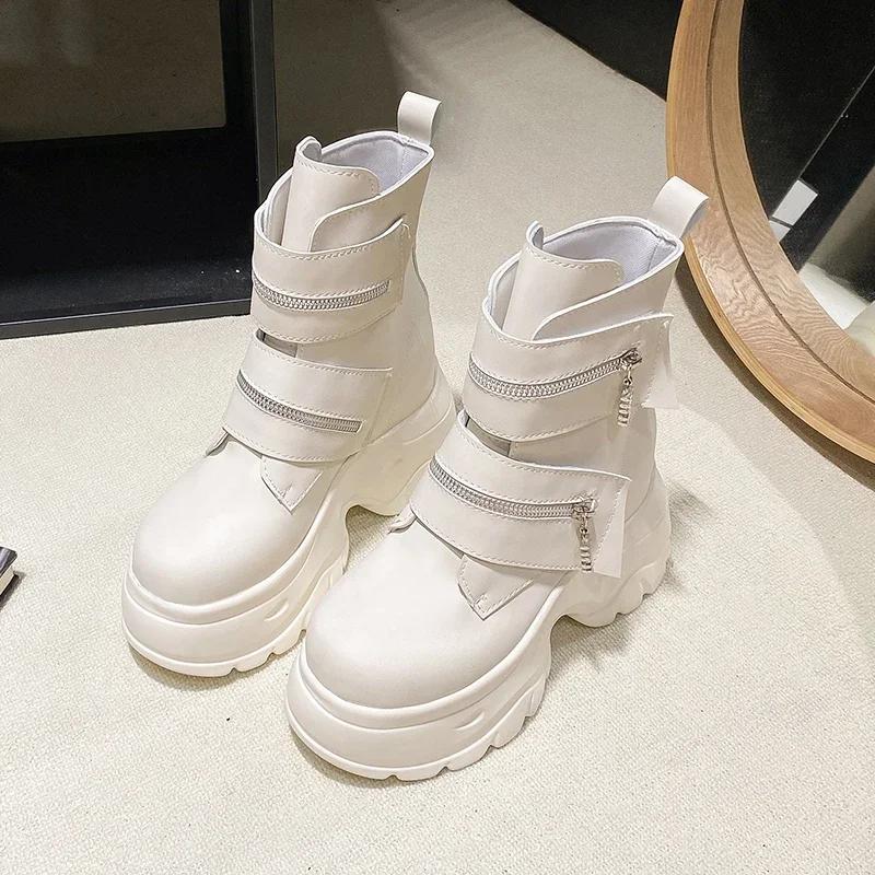 2025 женские кожаные ботильоны осень-зима 9,5 см каблук массивные кроссовки высокая платформа молния короткие мотоциклетные ботинки женские Botas