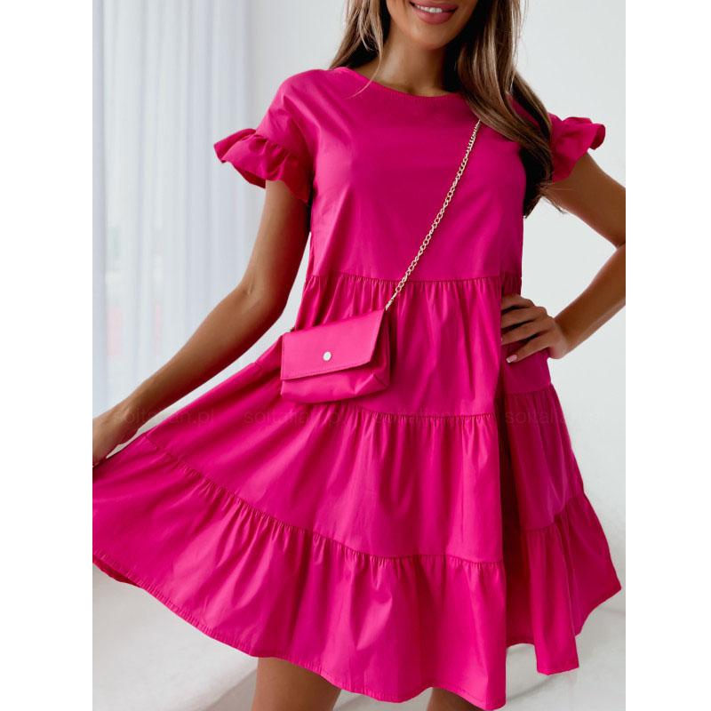 Женское мини-платье с коротким рукавом и круглым вырезом, однотонное повседневное платье, свободные плиссированные платья трапециевидной формы с вышивкой