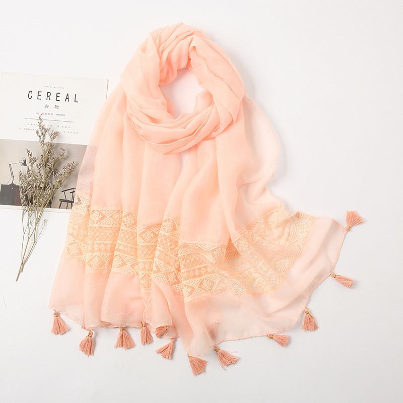 Spain Fashion Women Viscose Scarf Hollow Lace Floral Tassel Pashmina Hijab Shawls And Wraps Echarpe Foulards Femme 180*90Cm