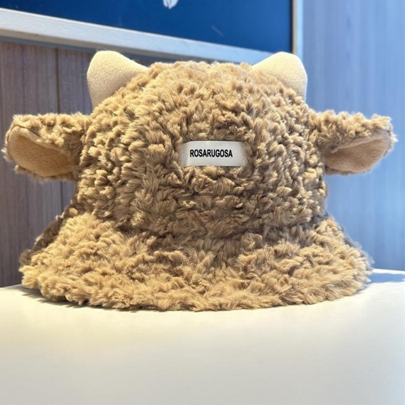 Милая плюшевая панама-ведро с ягненком, женская осенне-зимняя теплая универсальная шляпа-ведро, большой обхват головы, подчеркивающая маленькое лицо, парная шапка с ушками