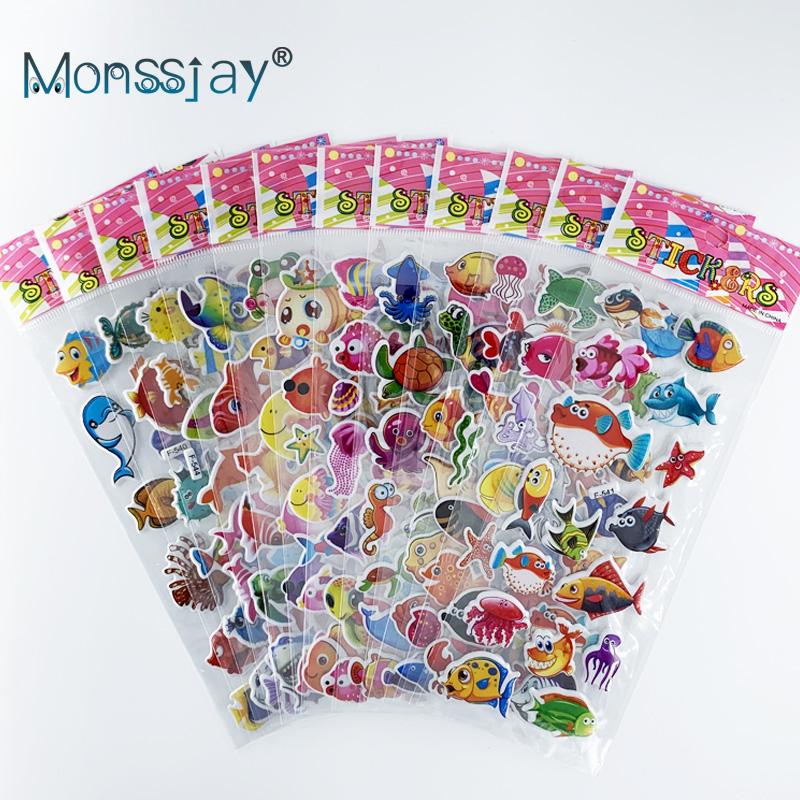 12 Sheetsset Marine Fish Pattern Kids 3D Cartoon Stickers Bubble Pvc Scrapbooking Sticker For Children Boys Girls Cute Gift