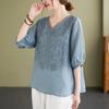 Summer Short Sleeved Women's Shirt Thin Cotton Linen Top Loose Fitting V-neck Shirt with Temperament Blouses & Shirts