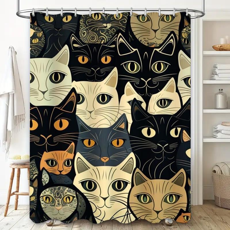 Очаровательные кошки Занавеска для душа Черно-белая с желтыми акцентами Узор Декоративный текстиль для ванной Водонепроницаемая ткань Разные размеры в наличии