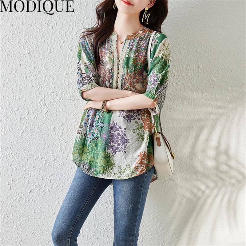 MODIQUE, летняя женская хлопковая блузка большого размера, шифоновые рубашки с цветочным принтом, летние пальто большого размера, пуловер с v-образным вырезом и короткими рукавами на пуговицах
