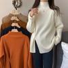 Autumn Winter Semi High Neck Knitted Base Sweater Loose Slit Button Design Thick Solid Top Pullover Sweater for Women